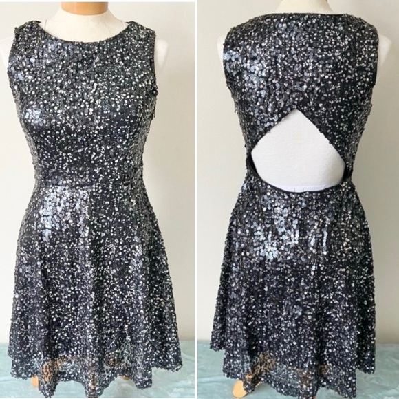 Hailey Logan by Adrianna Papell Sequin Open Back Skater Black Dress Size 8 - Picture 1 of 8